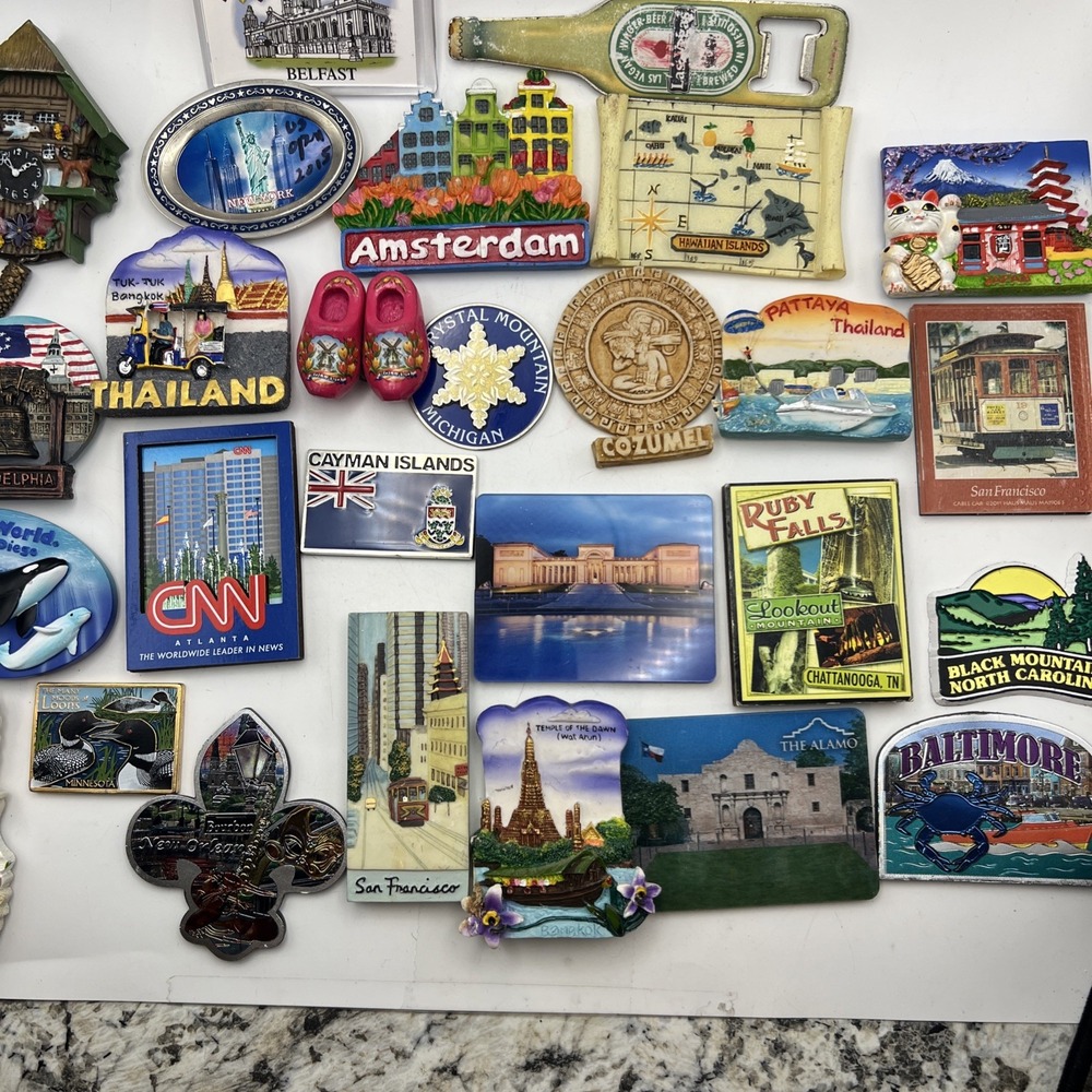 Vintage Travel Souvenir Magnets-3D Resin, Metal Landmarks, World Bulk Lot of 27